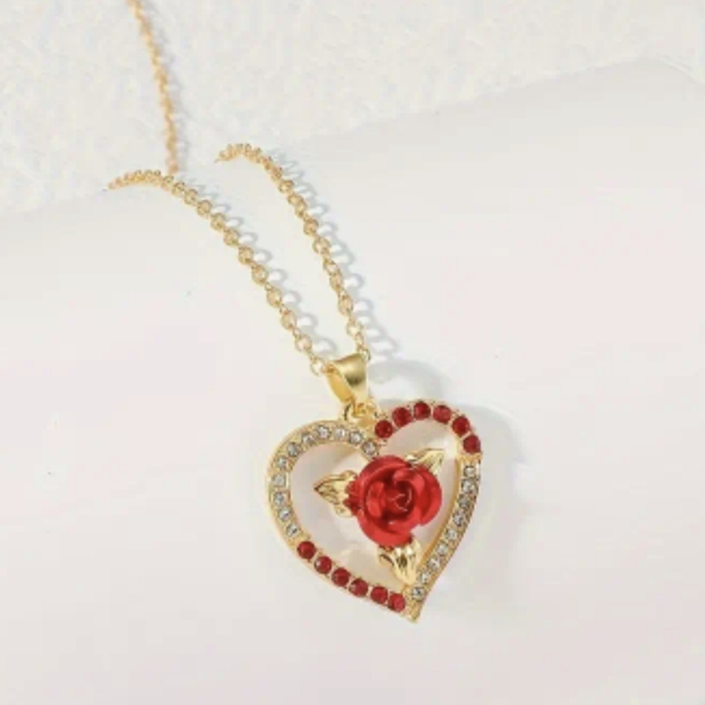 ❤️ Gold Tone Heart Rose Pendant Necklace Red Rhinestone Love Necklace, T5B8C